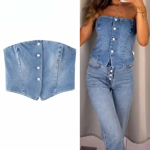 Strapless Denim Corset Crop Top