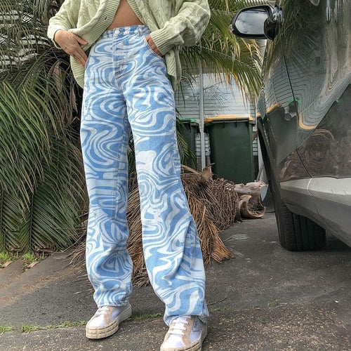 High-waist paisley pattern streetwear straight pants