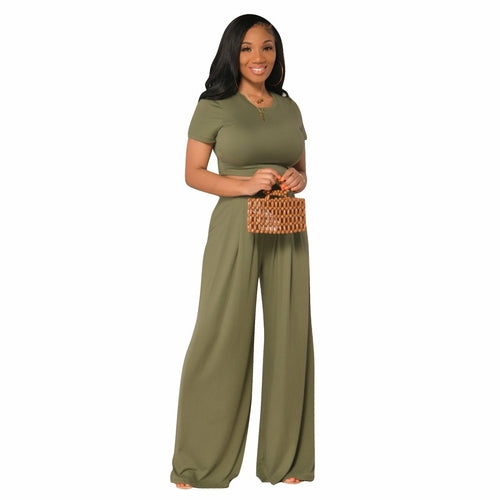 Short Sleeve O Neck T-shirt Top and Wide-leg Pants