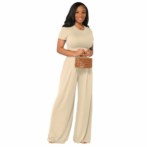 Short Sleeve O Neck T-shirt Top and Wide-leg Pants