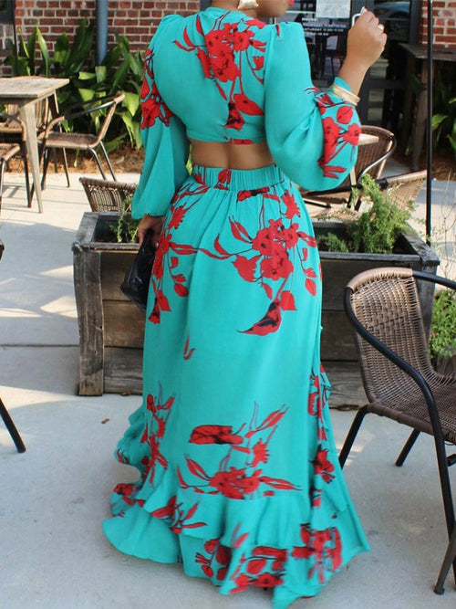 Two Piece Long Sleeve Crop Top & Maxi Skirt