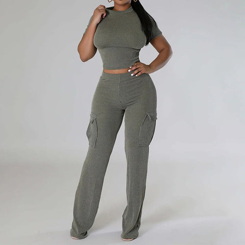 Rib Knitted Short Sleeve and Cargo Pant Tracksuit set