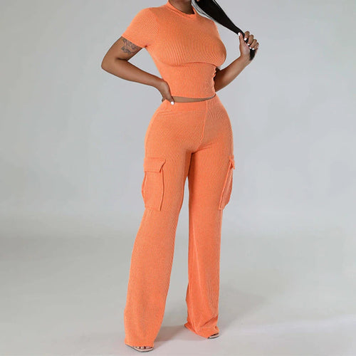 Rib Knitted Short Sleeve and Cargo Pant Tracksuit set