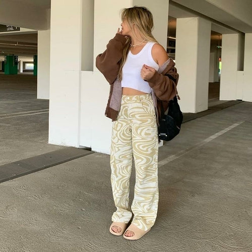 High-waist paisley pattern streetwear straight pants