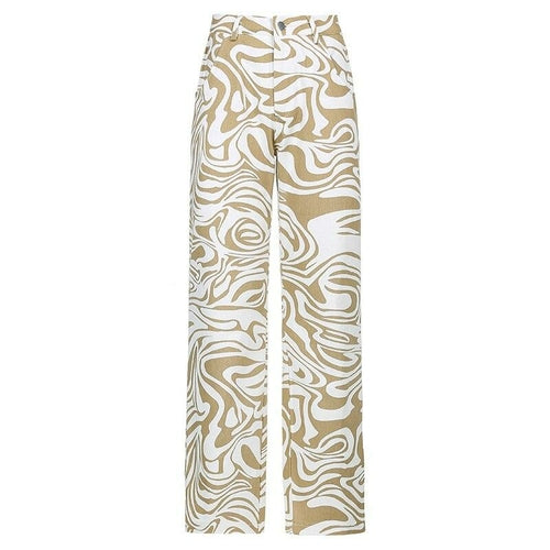 High-waist paisley pattern streetwear straight pants